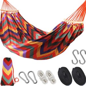 Double Hammock, 9.5FT Large Hammock with Carrying Bag, 2 Persons Hammock Portable Hanging Camping Bed for Patio, Backyard, Camping, Outdoor, Indoor, Porch, 290cm x 145cm, Red Stripe