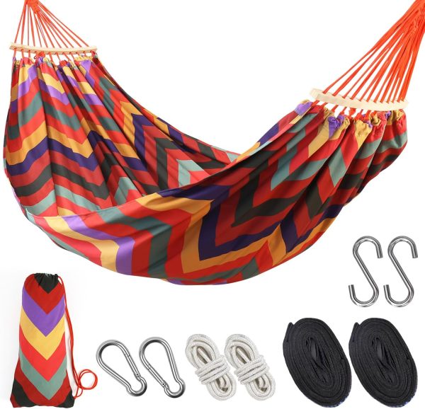 Double Hammock, 9.5FT Large Hammock with Carrying Bag, 2 Persons Hammock Portable Hanging Camping Bed for Patio, Backyard, Camping, Outdoor, Indoor, Porch, 290cm x 145cm, Red Stripe