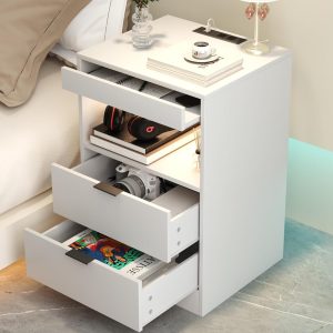 Gadroad LED Nightstand with Charging Station, Bedside Table with 3 Drawers and LED Lights, End Table Sofa Couch Side Table with Pull-Out Shelf, White