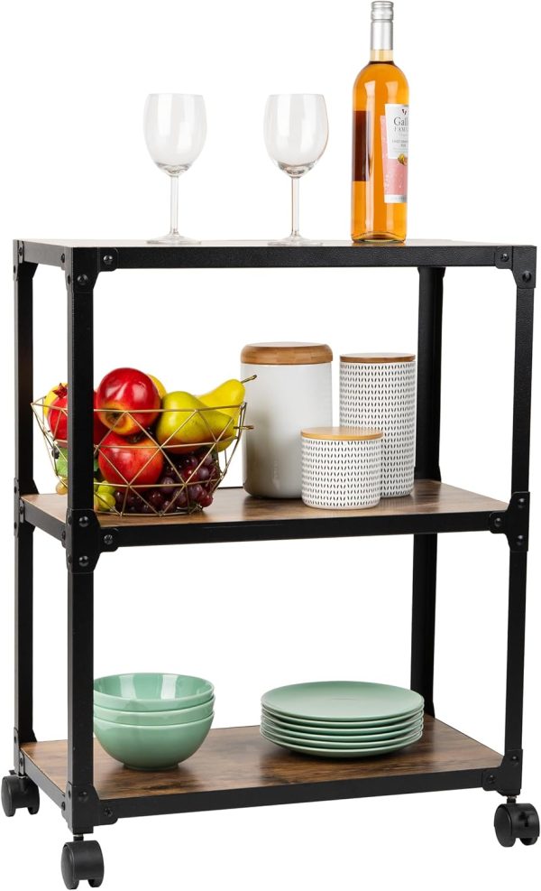Mind Reader Bar Cart, Rolling Cart, Microwave Stand, 3-Tier, Coffee Cart, Kitchen, Wood Metal, 23"L x 12"W x 29.5"H, Brown - Image 4