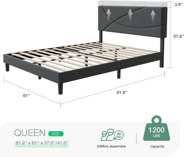 Novilla Queen Size Bed Frame Upholstered Platform Bed with Adjustable Headboard, Queen Bed Frame Upholstered Platform with Strong Wooden Slats, Easy Assembly, Dark Grey - Image 2