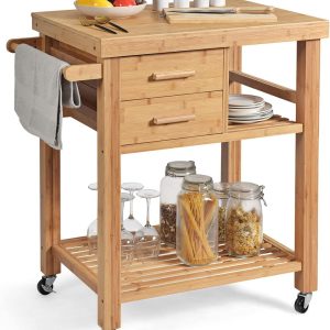 PETSITE Bamboo Kitchen Island Cart, Butcher Block Table on Wheels with Drawers, Shelves, Towel Rack