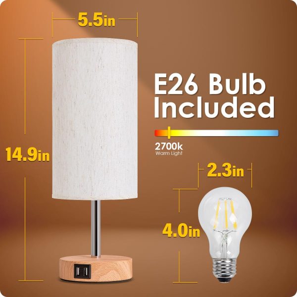 Yarra-Decor Bedside Table Lamp with USB Port - Touch Control for Bedroom Wood 3 Way Dimmable Nightstand Lamp with Round Flaxen Fabric Shade for Living Room, Dorm, Home Office (LED Bulb Included) - Image 6